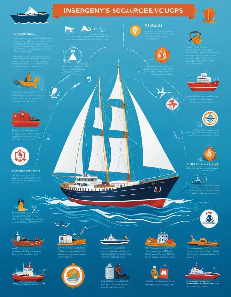 An infographic displaying a large boat sailing on calm blue waters, surrounded by icons representing various marine coverage types (insurance policies, emergency rescue, safety gear). Include a compass and anchor in the foreground, symbolizing security at sea. The background should have soft waves and a bright, sunny sky. vibrant colors. super-realistic.