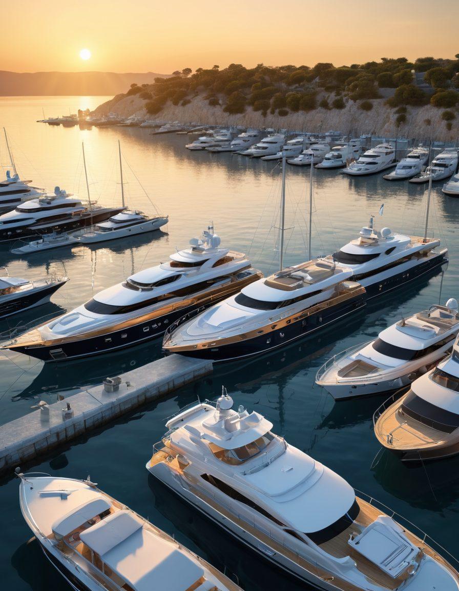 A serene marina at sunset, featuring a luxurious yacht anchored with protective covers, surrounded by tranquil waters. Include a subtle map overlay indicating maritime routes and icons symbolizing marine coverage, like shields and life rings. Soft golden and blue hues illuminate the scene, capturing the essence of adventure and security on the sea. super-realistic. vibrant colors. 3D.